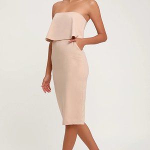 NWT Lulu's Lots of Love Beige Strapless Midi Dress